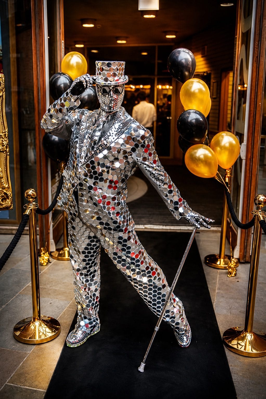Personaje luminoso en alfombra roja — recepción VIP