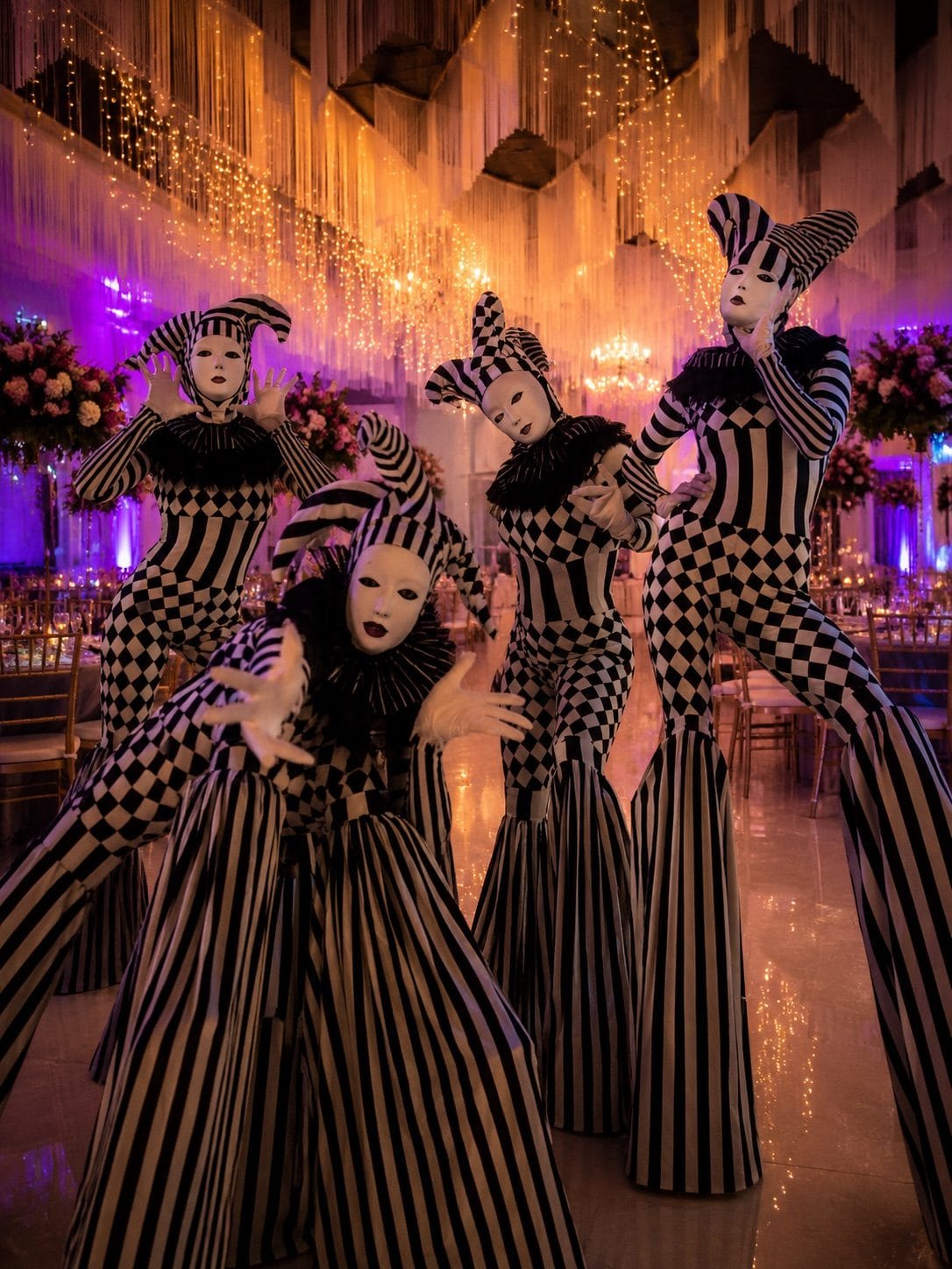 Personajes arlequín en evento de gala